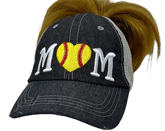 Cocomo Soul Softball Mom Messy Bun High Ponytail Embroidered Hat -307