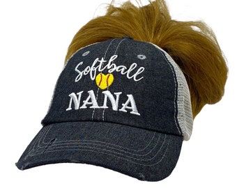 Cocomo Soul Softball Nana Messy Bun High Ponytail Embroidered Hat -315