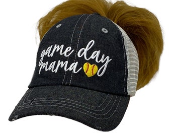 Cocomo Soul Game Day Mama Messy Bun High Ponytail Softball Embroidered Hat -331
