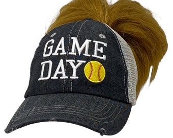 Cocomo Soul Game Day Softball Messy Bun High Ponytail Embroidered Hat -309