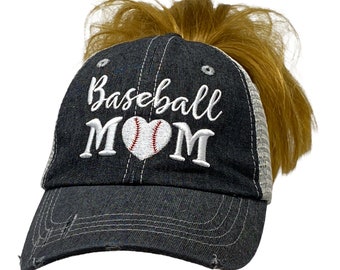 Cocomo Soul Baseball Mom Messy Bun High Ponytail Heart Embroidered Baseball Mom Cap -203