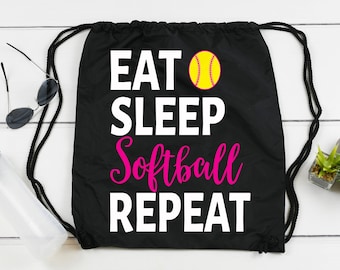 Softball Cinch Sack Eat Sleep Softball Repeat Canvas Drawstring Black Canvas Sack Backpack Bag Softball Player Gift Cocomo Soul