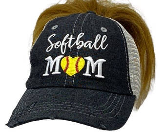 Cocomo Soul Softball Mom with Heart Messy Bun High Ponytail Embroidered Hat -305