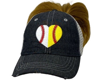 MESSY BUN Heart Ball MOM Baseball Softball Mom Grandma Sister Embroidered Baseball Hat High Ponytail