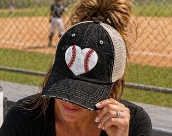 Messy Bun Baseball Heart Mom Embroidered Baseball Hat Baseball Love High Ponytail Heart Only