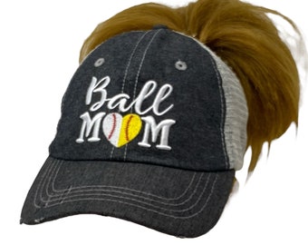 Cocomo Soul Ball MOM Messy Bun High Ponytail Hat Baseball Softball Mom Grandma Sister Embroidered Baseball Cap -403