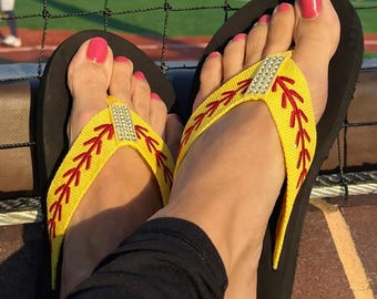 Rhinestone Embroidered Softball Sandals Softball Flip Flops Size 6 7 8 9 10 11 12 NEW Sandals Thongs Sports Sandals Cocomo Soul