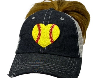 Cocomo Soul Softball Heart Softball Mom Messy Bun High Ponytail Embroidered -301