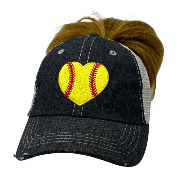 Cocomo Soul Softball Heart Softball Mom Messy Bun High Ponytail Embroidered -301