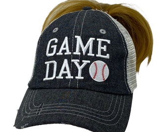 Cocomo Soul Baseball Game Day Messy Bun High Ponytail Hat Baseball Mom Embroidered Baseball Hat Cap -211