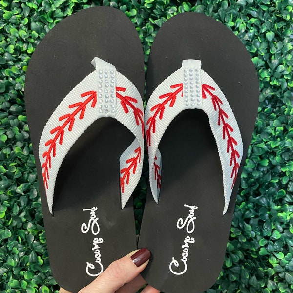 Rhinestone Embroidered Baseball Flip Flops Baseball Slippers Baseball Sandals Baseball Thongs Cocomo Soul Size 6 7 8 9 10 11 12