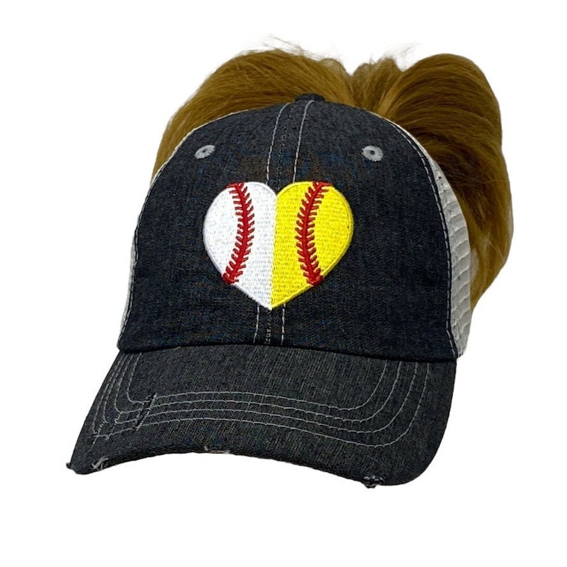 MESSY BUN Heart Ball MOM Baseball Softball Mom Grandma Sister Embroidered Baseball Hat High Ponytail image 1