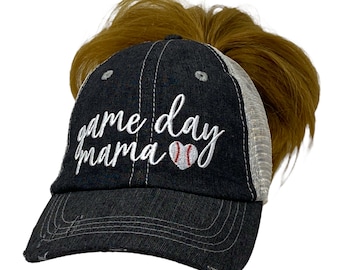 Cocomo Soul Baseball Game Day Mama Messy Bun High Ponytail Mom Embroidered Baseball MOM Hat Baseball MOM Cap -233