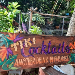 Hand painted Tropical Garden sign, Tiki cocktails Bar Sign Backyard Jungle