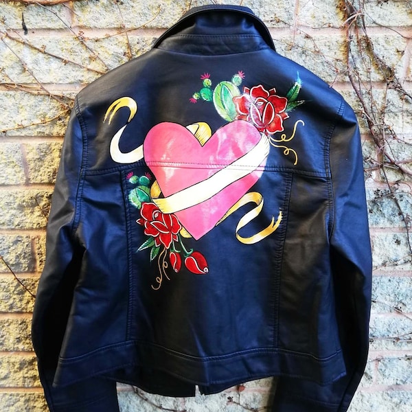 Wedding Leather Biker Jacket in Tattoo style, Bridal jacket, Rockabilly, Personalised, Hand painted