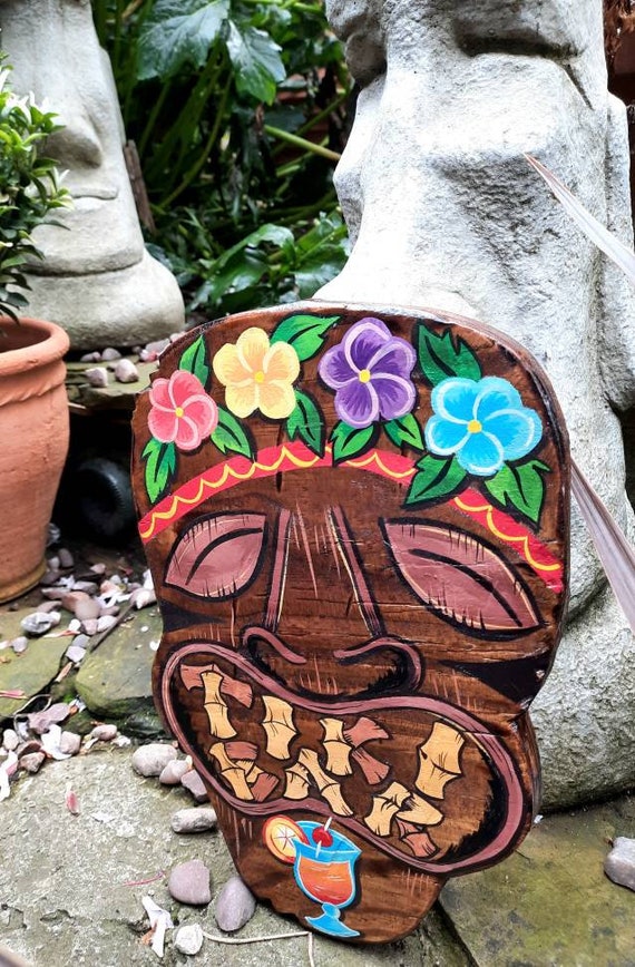 Hand Painted Tropical Garden Sign, Tiki Shaped Bar Sign, Tiki Bar