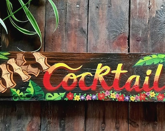 Hand painted Tropical Garden sign, Tiki Bar cocktails Sign flamingo paradise sign