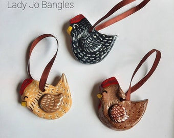 Hand painted clay sculpted chicken hen Christmas ornaments,  chucks, poultry tree decorations.