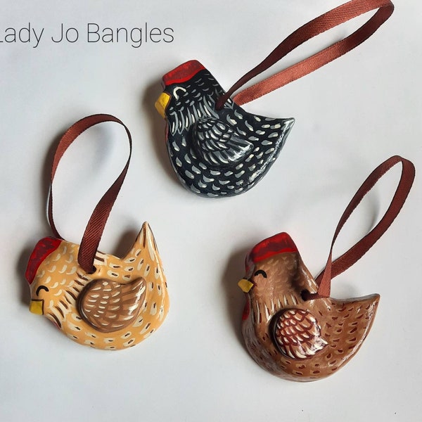 Hand painted clay sculpted chicken hen Christmas ornaments,  chucks, poultry tree decorations.