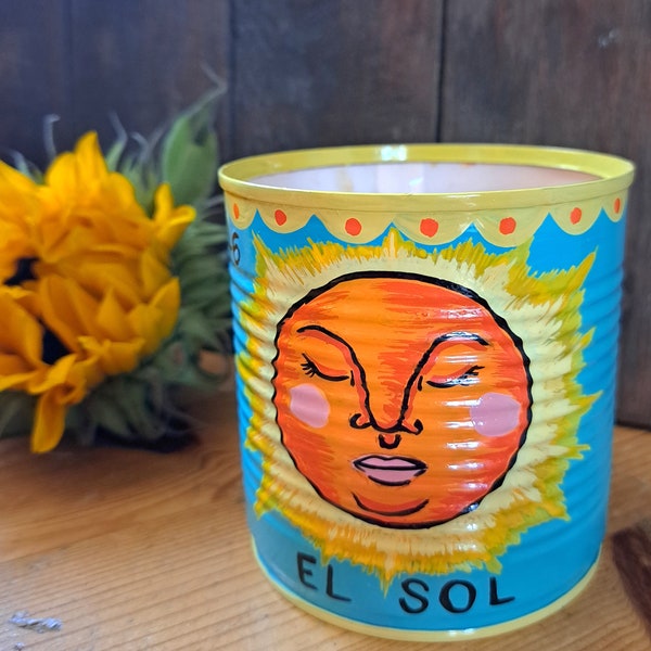 El Sol the Sun Mexican Loteria Hand Painted Candle Tin Can Gift Maximilist decor folk art