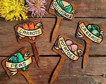 Plant labels Markers for Vegetables, Hand Painted Tattoo style, Gardening Gift, Allotment gift, plant gift