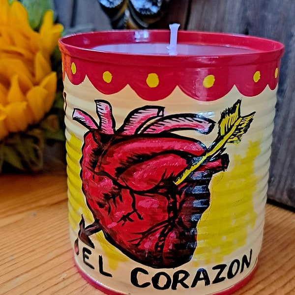 El Corazon The Heart Mexican Loteria Hand Painted Candle Tin Can Gift Maximilist decor folk art