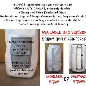 Up close look at the zippered pocket, shoulder strap and backpack straps on the college laundry bag.