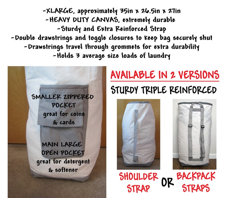 Up close look at the zippered pocket, shoulder strap and backpack straps on the college laundry bag.