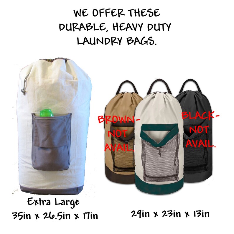 Graphic showing 2 different types of laundry bags, one extra large and the other smaller. The extra large canvas bag is white with a gray pocket and trim and is 35 inches by 26.5 inches by 17 inches. The smaller ripstock bag with a mesh pocket is 29 inches by 23 inches by 13 inches.