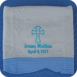 Personalized Baby Quilt Baptism Gift, Monogrammed Boy or Girl Christening Blanket Gifts ScriptCROSS +2 Lines