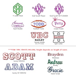 13 different embroidered design choices for laundry bag monogram.