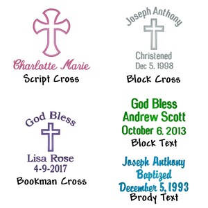 Pode incluir: Quatro designs de cruz diferentes com texto. A primeira cruz &eacute; rosa e tem o texto "Charlotte Marie" e "Script Cross". A segunda cruz &eacute; cinza e tem o texto "Joseph Anthony", "Christened", "Dec 5, 1998", e "Block Cross". A terceira cruz &eacute; roxa e tem o texto "God Bless", "Lisa Rose", "4-9-2017", e "Bookman Cross". A quarta cruz &eacute; verde e tem o texto "God Bless", "Andrew Scott", "October 6, 2013", "Block Text", "Joseph Anthony", "Baptized", "December 5, 1993", e "Brody Text".