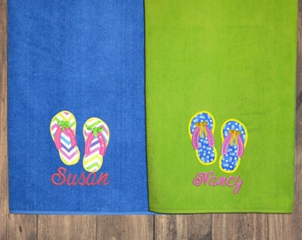 Oversized Adult or Kids Personalized Beach Towel with Flip Flops, Large Monogrammed Flip Flops Beach Towel, Custom Embroidered Pool Towel