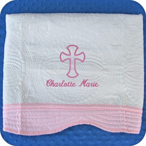 Personalized Baby Quilt Baptism Gift, Monogrammed Boy or Girl Christening Blanket Gifts ScriptCROSS +1 Line