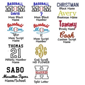 A graphic showing the monogram design and font options. There are several variations of the design, including different colors and fonts, and the option to add a name or number. The fonts include Block name, Bookman name and Custom Script name.  The design options are Mom Block Name, Mom Block Number, Mom Script Name, Mom Script Number, Athletic Number Name, End Scroll NO Flower, Name/School and Split Letter.