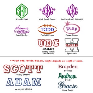 A graphic showing the monogram design and font options.  Designs available are 3 Letter Point, End Scroll Flower, End Scroll NO FLOWER, Swirl Border, Football Frame, Crown Frame, Varsity Initials, and Split Letter.  The Fonts available are Varsity Shadow, Varsity NO SHADOW, Bookman, Brody, and Diane Script.