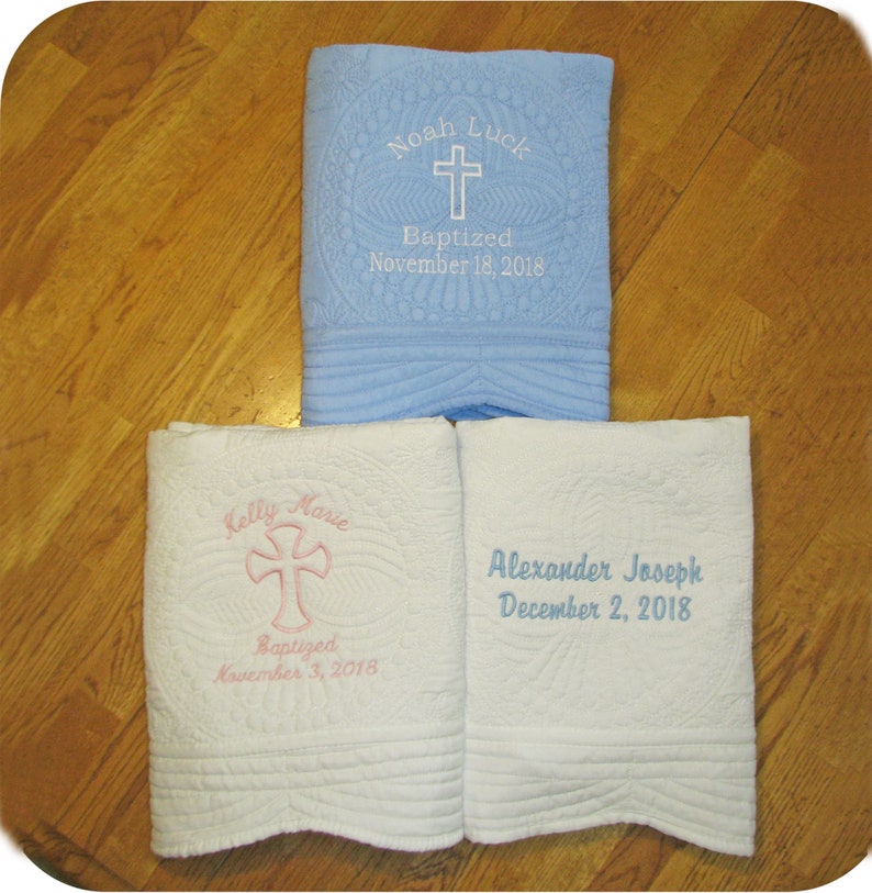 Personalized Baby Quilt Baptism Gift, Monogrammed Boy or Girl Christening Blanket Gifts image 9