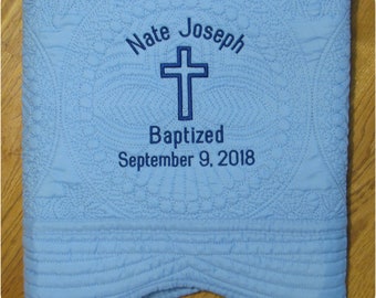 Personalized Baby Quilt Baptism Gift, Monogrammed Boy or Girl Christening Blanket Gifts