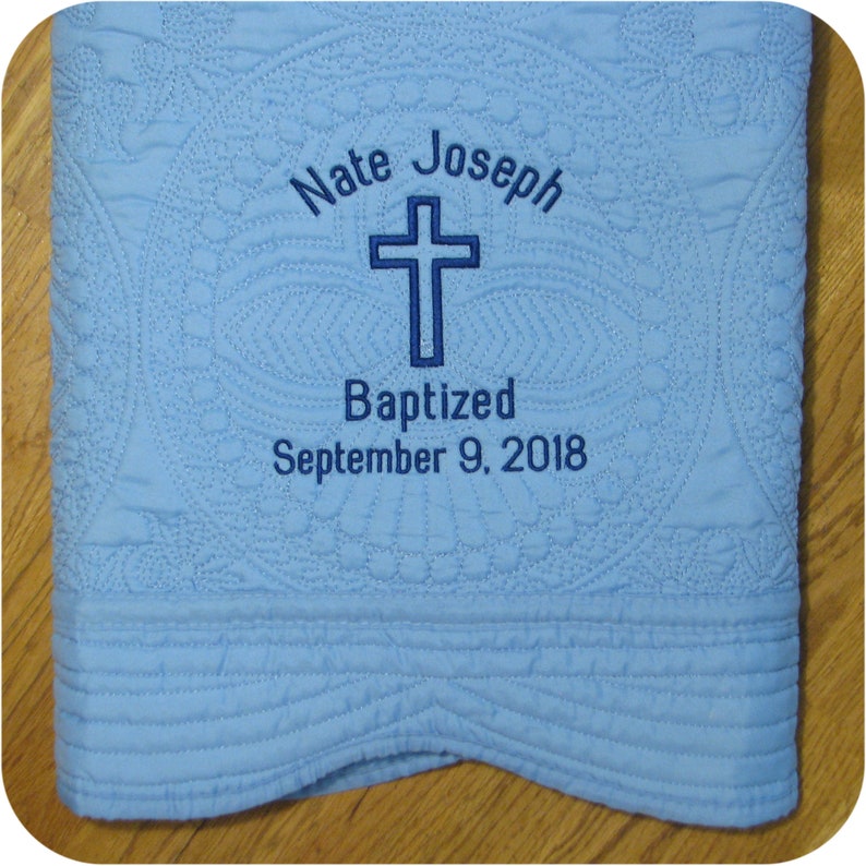 Personalized Baby Quilt Baptism Gift, Monogrammed Boy or Girl Christening Blanket Gifts BlockCROSS +3 Lines