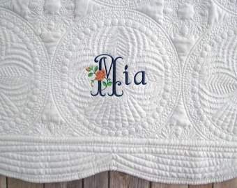 Personalized Baby Quilt for New Baby Girl Gift, Monogrammed Embroidered Baby Blanket for Baby Girl Shower Gift, Crib Quilt for Baptism Gift