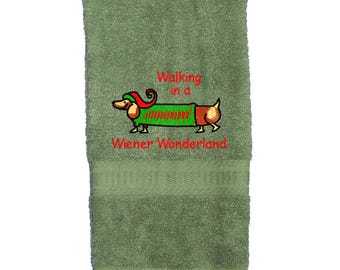 Embroidered Dachshund Christmas Hand Towel, Wiener Wonderland Dachshund Gifts