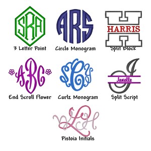 May include: Nine different monogram styles are shown, including 3 Letter Point, Circle Monogram, Split Block, End Scroll Flower, Curlz Monogram, Split Script, and Pistoia Initials. Each style is shown with a different set of letters.