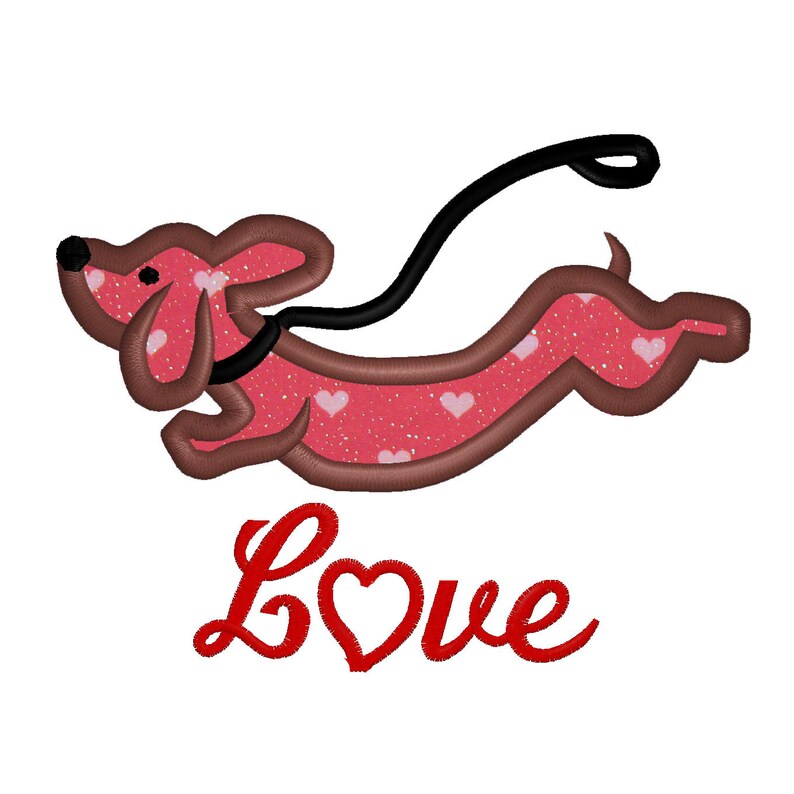 May include: A red dachshund with white hearts printed on its body is running with a black leash. The text "Love" is written in red below the dachshund.
