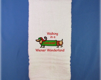 Dachshund Hand Towel Christmas Gift, Walking In A Wiener Wonderland Towel, Bathroom Towel Dachshund Gift, Dachshund Mom Kitchen Towel