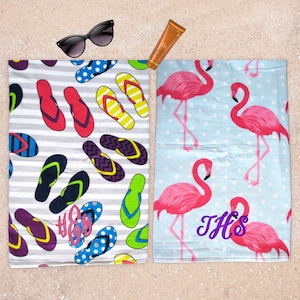 Personalized Beach Towel Adult with Bikini Wet Bag, Kids Monogram Beach Towel with Wet Swimsuit Bag, Flamingo Towel  or Flip Flop Towel