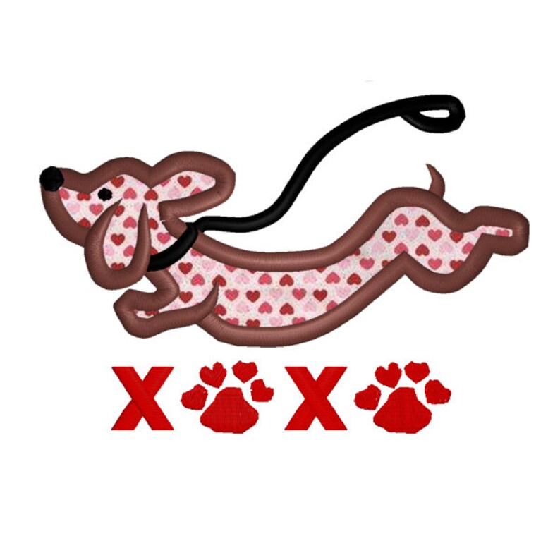 May include: A brown and pink dachshund with a heart pattern runs with a black leash. The dog is running towards the right side of the image. The text "XXX" is below the dog with three red paw prints.