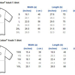May include: A size chart for Gildan Ultra Cotton T-shirts. The chart shows the width, length, and sleeve length in inches and centimetres for both adult and youth sizes.