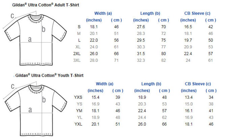 May include: A size chart for Gildan Ultra Cotton T-shirts. The chart shows the width, length, and sleeve length in inches and centimetres for both adult and youth sizes.