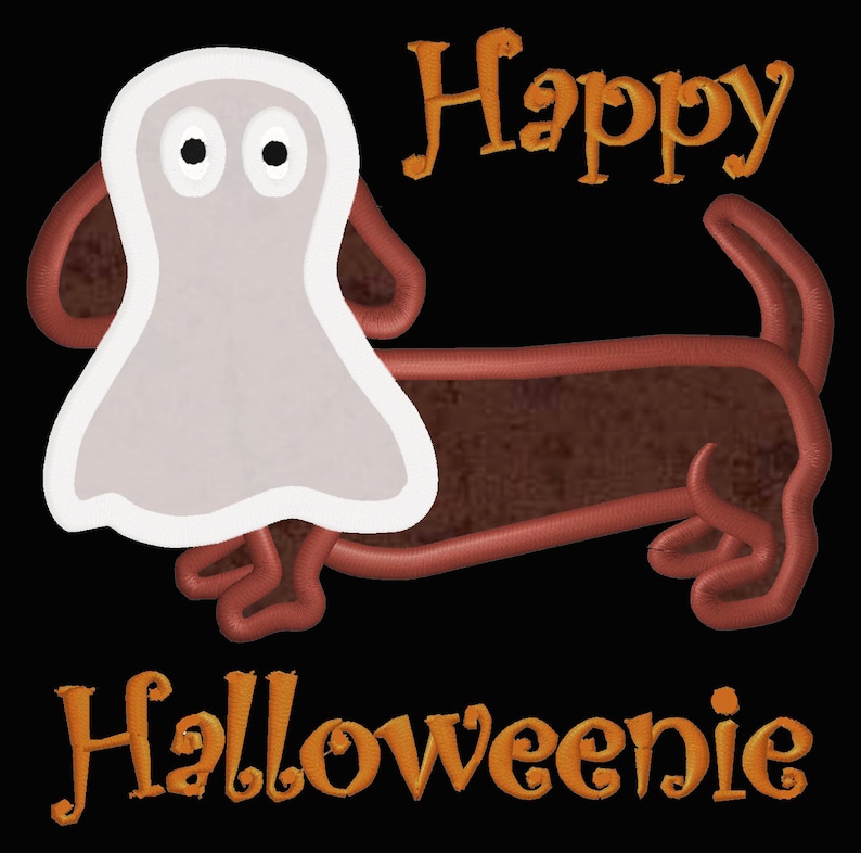 May include: A brown dachshund wearing a white ghost costume with the text "Happy Halloweenie" in orange.