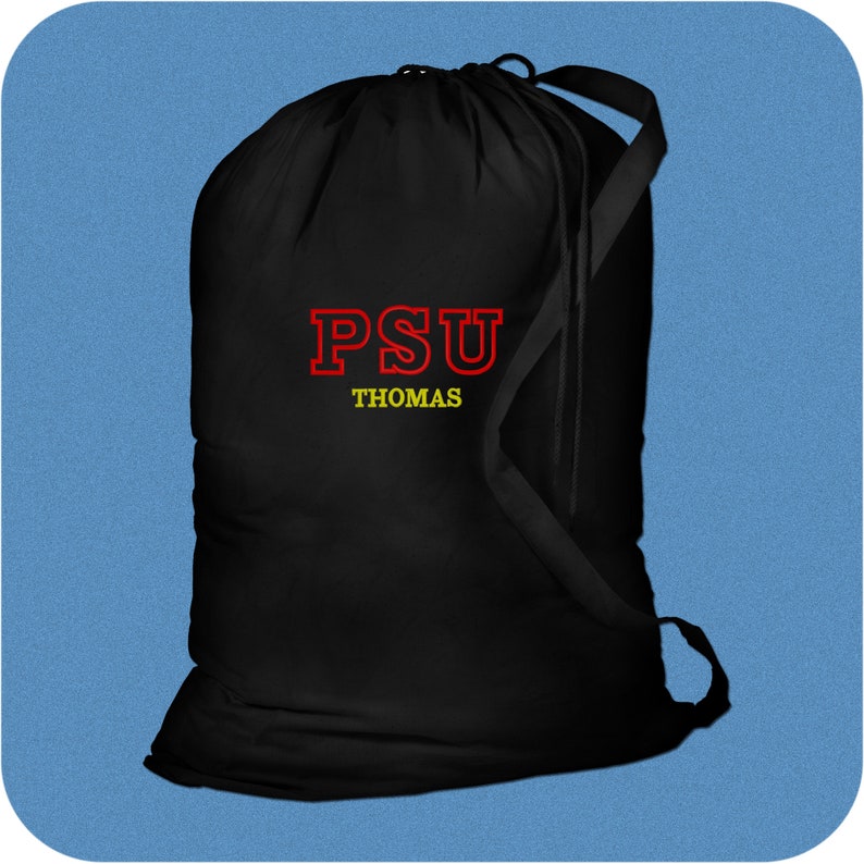 Black drawstring cotton or canvas laundry bag with red and yellow embroidery in Varsity Initials design. The embroidery reads 'PSU' on top with 'THOMAS' below.